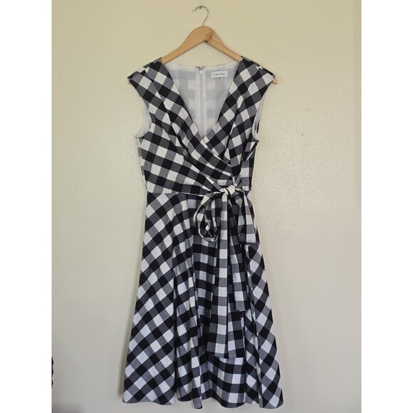 CALVIN KLEIN Buffalo Plaid Midi Sleeveless Dress Size 10 Checkered Belt Wrap - Picture 1 of 9